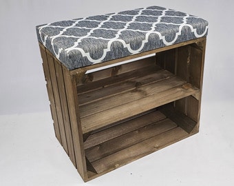 Jacobean Oak Stained Solid Wooden Crate with Shelf and Large Clover Upholstered Cushion -  Storage Solution