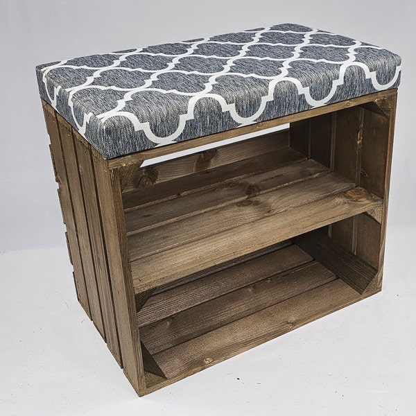 Jacobean Oak Stained Solid Wooden Crate with Shelf and Large Clover Upholstered Cushion -  Storage Solution