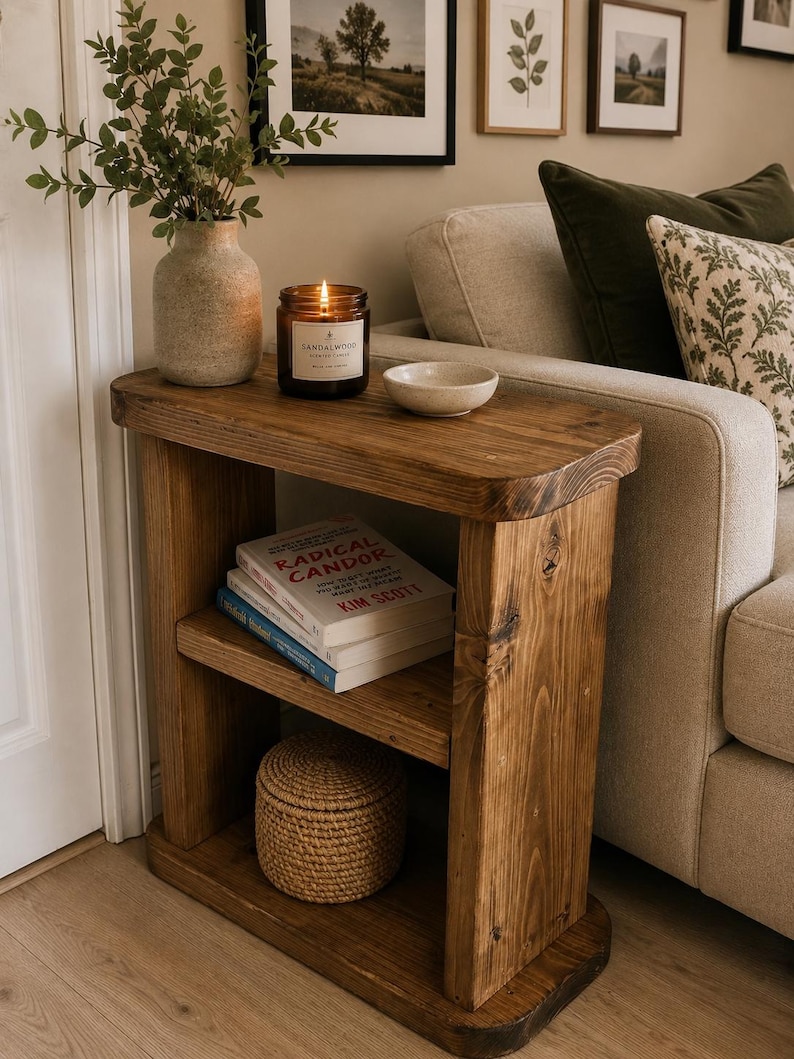 May include: A rustic, wooden side table with two shelves. The top shelf holds a lit candle in a glass jar, a small bowl, and a vase with greenery. The lower shelves display books and a woven basket. The table is next to a beige sofa.