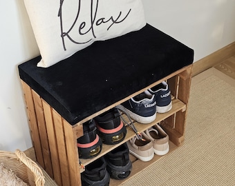 Burnt Wood Shoe Rack Bench: Velvet Seat, Entryway Storage