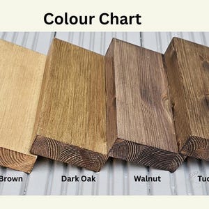 May include: A color chart displaying eight wooden planks in various finishes. The finishes include Natural Wood, Antique Pine, Antique Brown, Dark Oak, Walnut, Tudor Oak, Mahogany, and Silver Grey. The text "Colour Chart" is at the top.