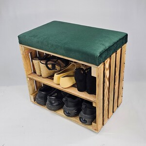 Wooden Shoe Storage bench in burnt effect with shelf and velvet seat cushion available in various colours perfect housewarming gift Bottle Green