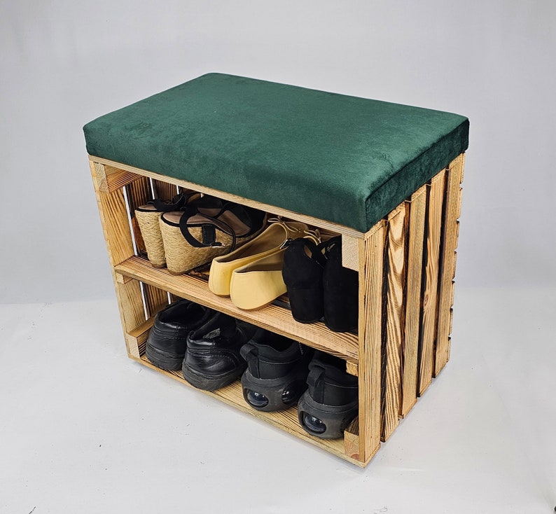 Wooden Shoe Storage bench in burnt effect with shelf and velvet seat cushion available in various colours perfect housewarming gift Bottle Green