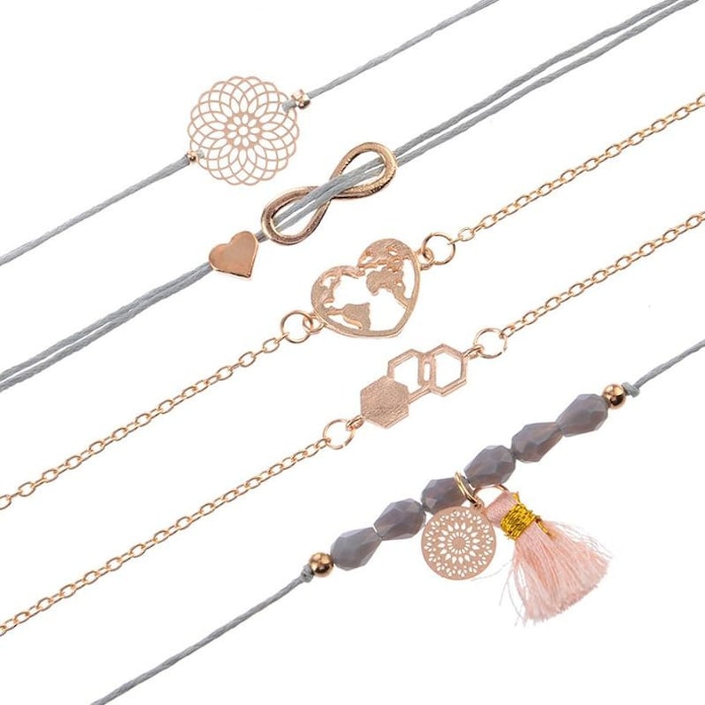 Friend Gift Love Infinity Charm Heart Map Tassel Women Gift 6 pcs Bracelet Set Boho Bracelet Set Wife Gift Bohemian Bracelet Set