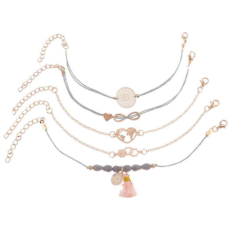 Friend Gift Love Infinity Charm Heart Map Tassel Women Gift 6 pcs Bracelet Set Boho Bracelet Set Wife Gift Bohemian Bracelet Set