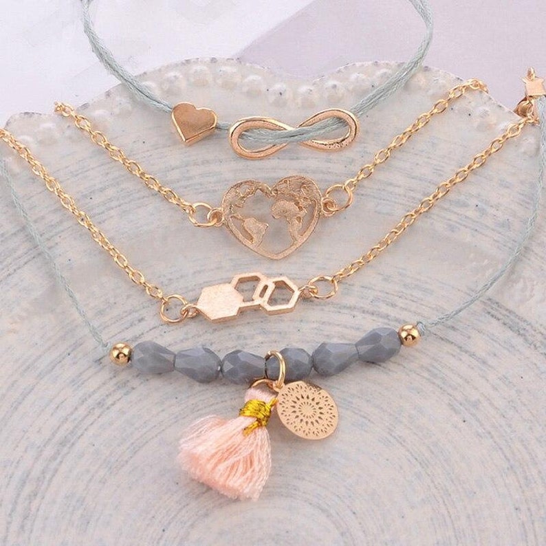 Friend Gift Love Infinity Charm Heart Map Tassel Women Gift 6 pcs Bracelet Set Boho Bracelet Set Wife Gift Bohemian Bracelet Set