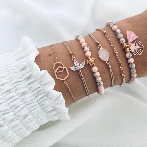 6 pcs Bracelet Set, Boho Bracelet Set, Bohemian Bracelet Set, Shell, Turtle, Leaf, Tassel, Women Gift, Friend Gift, Wife Gift