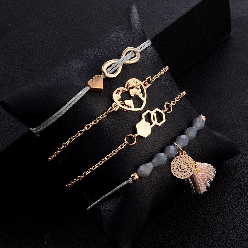 Friend Gift Love Infinity Charm Heart Map Tassel Women Gift 6 pcs Bracelet Set Boho Bracelet Set Wife Gift Bohemian Bracelet Set
