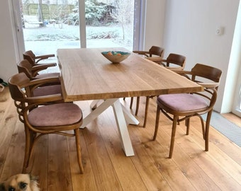 Table à manger plateau massif épais 4 cm | Cuisine salon en acier et chêne massif, huilé | meuble moderne