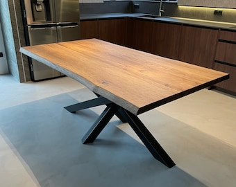 Table à manger, plateau épais et massif, 4 cm | Séjour cuisine acier et chêne massif huilé | meuble moderne