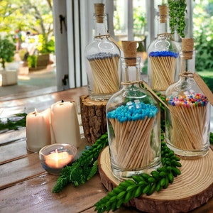 May include: Five glass bottles filled with colourful matchsticks. The bottles are arranged on a wooden surface with a green plant in the foreground. The matchsticks are arranged in a decorative pattern and are a variety of colours, including blue, red, yellow, and green.
