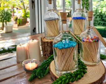 Luxury coloured matches in a corked glass bottle. Long matches in a Jar. Home decor, table setting or gift.