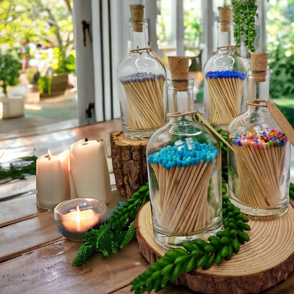Luxury coloured matches in a corked glass bottle. Long matches in a Jar. Home decor, table setting or gift.