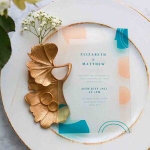 Salmon and Turqouise Acrylic Invitations With Minimalist Suite Sets, Clear Wedding Invitations, Save The Date, UV Printed Modern Invitations
