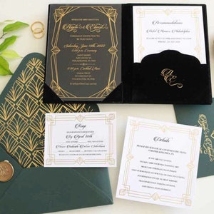Black Velvet Folio With Gold Foil-Pressed Acrylic Invitation, Embellished Envelope and Details Card, Modern Art Deco Themed Velvet Folio Set