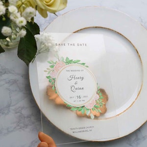 Clear Acrylic Save the Date With Floral Design, UV Color Printed Acrylic Save the Dates, Modern Save the Dates With UV Color Print