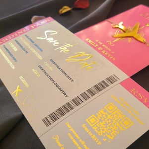 Helderroze en goudfoliepaspoorthuwelijksuitnodiging: reisthema Save The Date