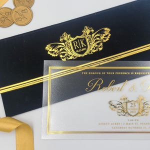 Elegant Foil Stamped Acrylic Invitations with Black Velvet Envelopes, Frosted Acrylic Wedding Invitations with Hot Gold Foil Stamping