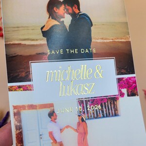 Carte photo moderne "Retenez cette date" avec texte en feuille d'or et date personnalisée en relief — Idéale pour les mariages à destination et les faire-part