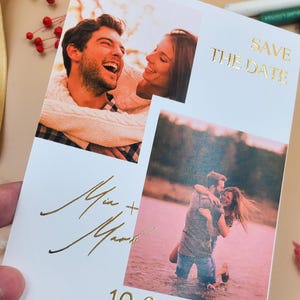 Photo moderne "Retenez cette date" avec deux images et texte en relief feuille d'or - Faire-part de mariage personnalisé