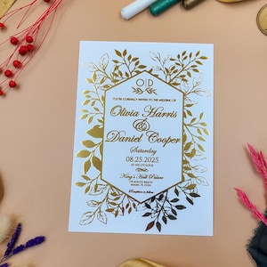 Faire-part de mariage de luxe avec cadre botanique gaufré en feuille d'or - Design formel élégant - Faire-parts modernes personnalisés avec feuille d'or