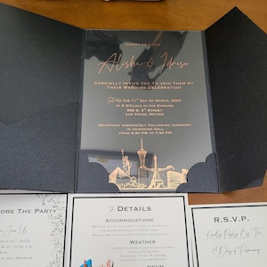 Las Vegas Skyline Invitation, Foil Pressed Acrylic Wedding Invitation, Trifold Invitation with Las Vegas Wedding, Las Vegas Party Invitation