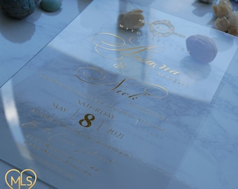 Clear Acrylic Wedding Invitation, Gold Foil Transparent Invitation, Modern Elegant Wedding Card, Luxury Invites, See Through Invites