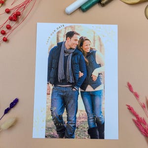 Custom Photo Save the Date Card – Gold Foil Botanical Design – Personalized Engagement Announcement – Modern Couple Wedding Reminder