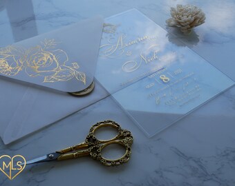 Gold Foil Acrylic Wedding Invitation, Clear Invite, Vellum Envelope, Modern Minimalist, Luxury Wedding Suite, Personalized Custom Invite