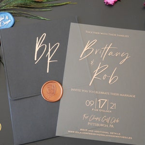 Modern Acrylic Invitation With Foil Press, Premium Envelope With Monogram Foil Engraving and Custom Wax Seal, Minimalist Wedding Invitation