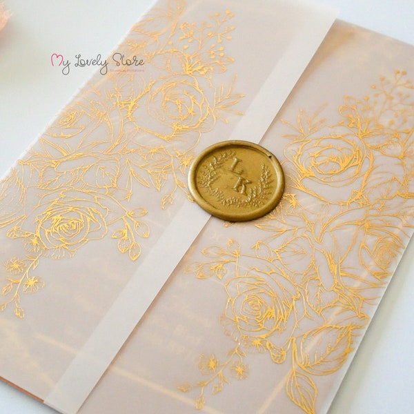 Floral Design Gold Foil Vellum Jackets with Custom Design Wax Seals, Premium Paper Invitations, Custom Wedding Invitation Set with Vellum