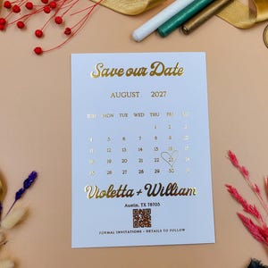 Goudfoliekalender met reliëf: Save the Date | Gepersonaliseerde huwelijksaankondiging | Elegante minimalistische trouwkaart met reliëf
