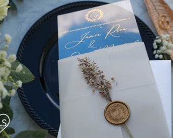 Transparent Acrylic Wedding Invitation With Vellum Jacket, Modern Wedding Invitation Set Wax Seal and Dried Flowers, Modern Acrylic Invites