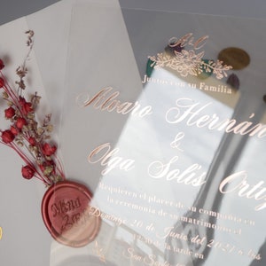 Foil Engraved Acrylic Wedding Invitation, Vellum Jackets/Sleeves With Wax Seals & Dried Flowers, Custom Invitations With Hot Foil Engraving