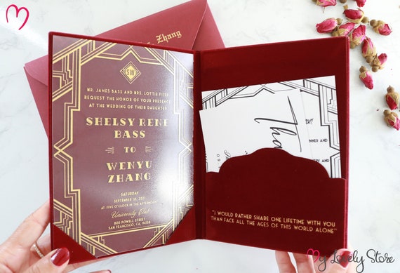 Luxury Acrylic Wedding Invitation with Velvet Folio | Gold Foil Acrylic Invite | Custom RSVP Card & Mailing Envelopes