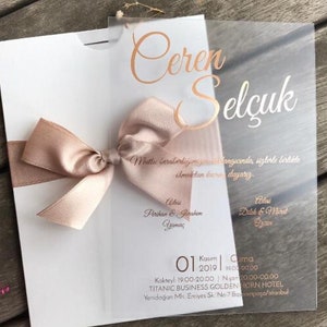 Acrylic Wedding Invitation With Ribbon Around the Pocket, Elegant Real Rose Gold Foil Invitation, Transparent Wedding Invitation With Ribbon