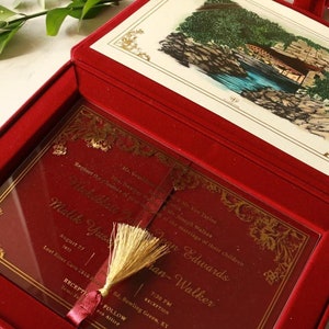 Dark Cherry Velvet Luxury Boxes, Acrylic Invitations, Foil Pressed Velvet Box & Acrylic Invites, Customized Invitation Boxes with Ribbons