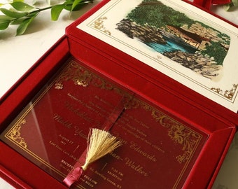 Luxus-Hochzeits-Einladung mit Goldfolie-Acryl-Karte | Benutzerdefinierte Monogramm Boxed Invite Set | Elegante Quaste
