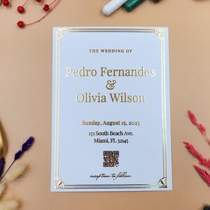Classic Gold Foil Wedding Invitation – Timeless Art Deco Corners, Elegant Flat Card, QR Code RSVP, White and Gold Formal Design