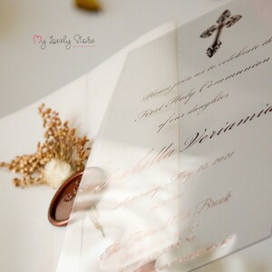 Baptism Invitations, Baby Shower Acrylic Invitations, Transparent Baby Shower Invitations With Vellum Jackets Dried  Flowers and Wax Seals