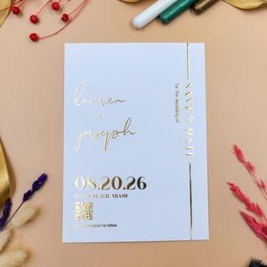 Minimalist Save the Date – Modern Vertical Layout, Gold Foil Accents, QR Code RSVP, Elegant White Wedding Announcement Card