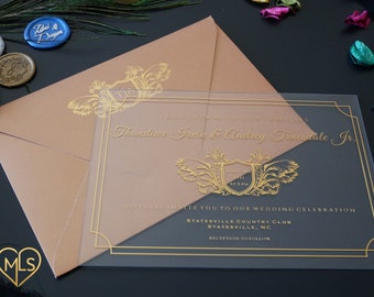 Gold Foil Acrylic Wedding Invitation, Clear Custom Invite with Envelope, Elegant Modern Wedding Stationery Set