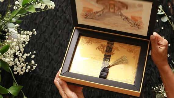 Elegant Gold Design | Unique Black & Gold Boxed Suite | Foil Pressed Acrylic Invitation Box Wedding | Custom Luxury Invite with Tassel |