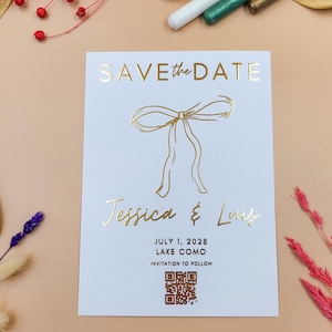 Minimalist Save the Date Card – Gold Foil Ribbon Design, Elegant Modern Wedding Announcement, White Flat Card with Luxury Touch