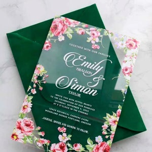 Acrylic Invitations With Roses, Floral Wedding Invitations Red Pink Roses, UV Color Printed Modern Invitation, 300 GSM Premium Envelopes