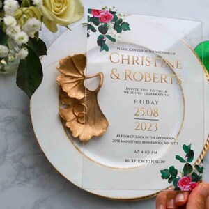 Acrylic Invitations With Red Rose and Gold Design, Clear Acrylic Wedding Invitations With Floral Design, UV Color Printed Modern Invites