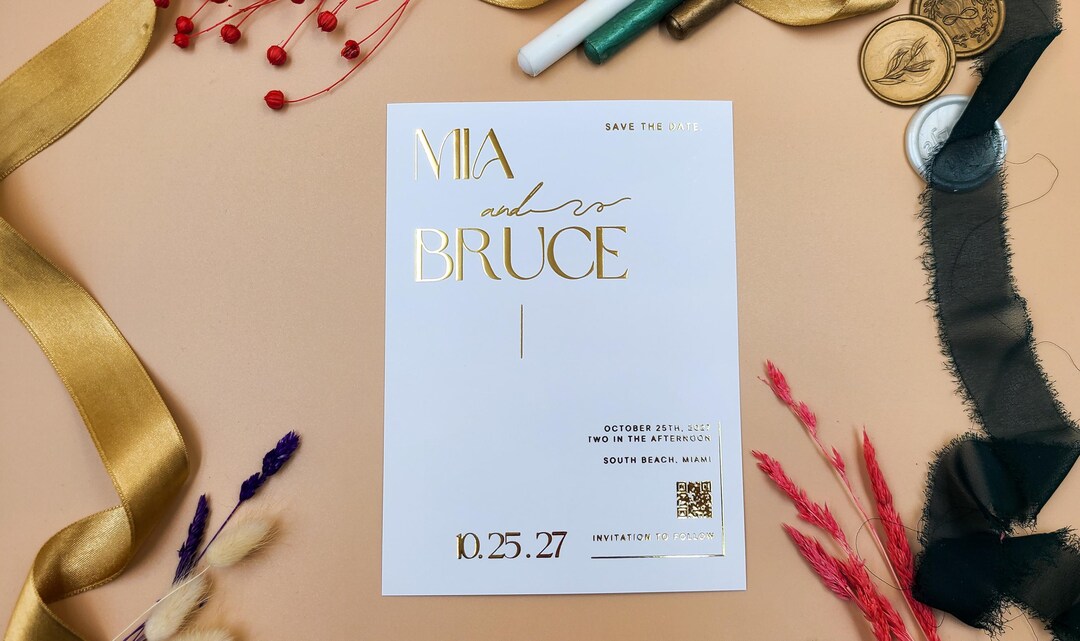 Gold Foil Art Deco Save the Date: Embossed Wedding Invitation With QR ...