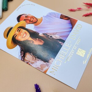 Minimalist Photo Save the Date – Embossed Gold Foil Wedding Announcement – Summer Couple Card – Bright & Fun Custom Design with QR Code