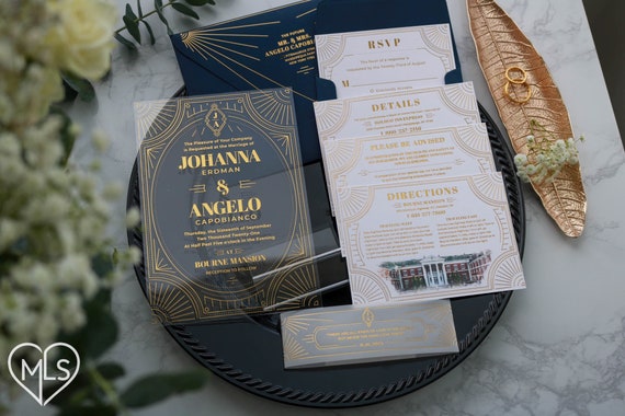Art Deco Wedding Invitation Suite, Gold Foil Clear Acrylic Invite, Navy Blue Gatsby Theme Cards, Custom Printed Ceremony Stationery