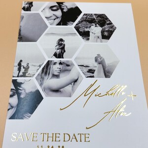 Hexagon Photo Save the Date – moderne goudfolie trouwkaart – collagelay-out – minimalistisch ontwerp op maat – elegante zwart-witfoto's
